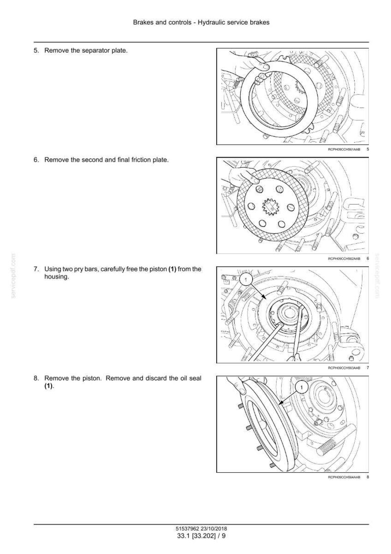 May include: Diagrams illustrating the removal of hydraulic service brake components. Steps include removing the separator plate, friction plate, freeing the piston, and removing the oil seal. Text and labels are included.
