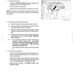 May include: Diagram of a tractor's internal components with text detailing a master clutch pressure test. Includes instructions for connecting a pressure gauge, recording pressure, and troubleshooting. Measurements are in kPa and psi.
