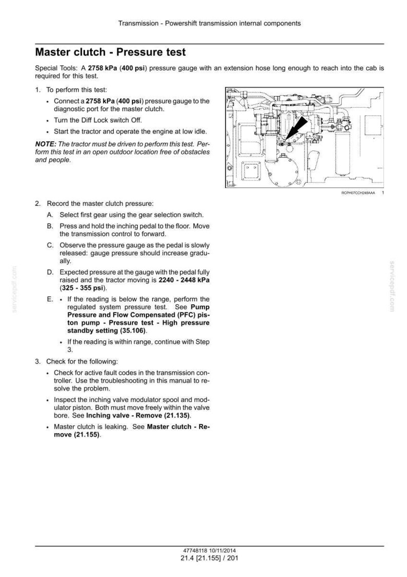 May include: Diagram of a tractor's internal components with text detailing a master clutch pressure test. Includes instructions for connecting a pressure gauge, recording pressure, and troubleshooting. Measurements are in kPa and psi.