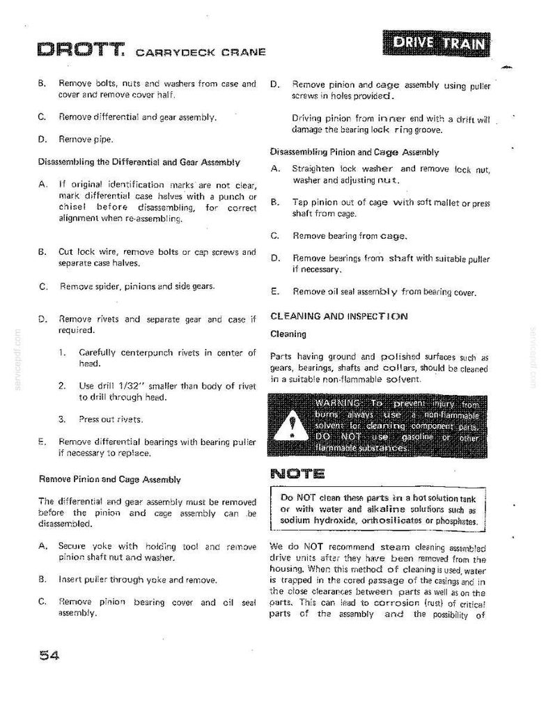 Pu&ograve; includere: Pagina di un manuale DROTT CARRYDECK CRANE, con istruzioni per lo smontaggio e la pulizia della trasmissione. Include avvertenze sui solventi infiammabili e consigli per la pulizia.