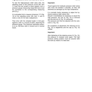 May include: A technical handbook page with instructions for testing a high-pressure relief valve (A4) for a 321D model. The text includes steps for adjusting the valve and safety precautions, with diagrams referenced.