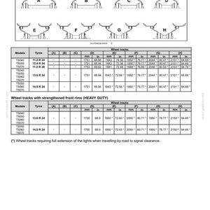 May include: A technical document titled 6 - WORKING OPERATIONS featuring a 4WD front wheel track diagram with models labelled A through H. It includes two detailed data tables listing wheel track measurements in millimetres and inches for various tractor models, tyre sizes, and configurations, including heavy-duty rims.