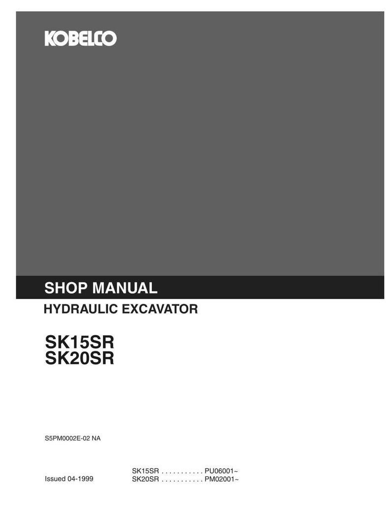 May include: A Kobelco shop manual for a hydraulic excavator, models SK15SR and SK20SR. The cover is dark gray with white text, featuring the Kobelco logo, the title SHOP MANUAL, and the document code S5PM0002E-02 NA, issued in 04-1999.