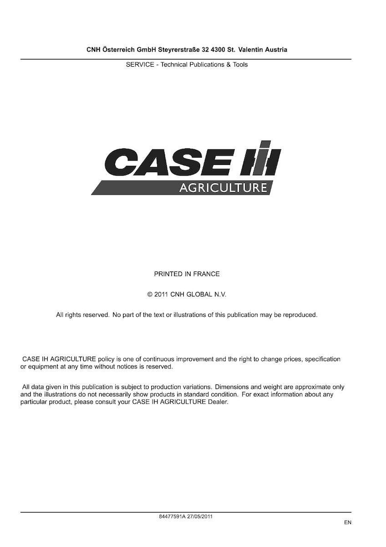 May include: A white document with the "CASE IH AGRICULTURE" logo and text. The document includes the address of CNH &Ouml;sterreich GmbH, copyright information, and other technical details. Printed in France.