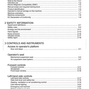 May include: A white document titled "Contents" with a table of contents for a manual. The document is divided into sections such as "General Information", "Safety Information", and "Controls and Instruments".