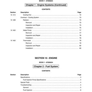 May include: A page from a manual titled "SECTION 10 - ENGINE" with a table of contents for engine systems and fuel systems. The text includes section numbers, descriptions, and page numbers. The book's number is 87059224.