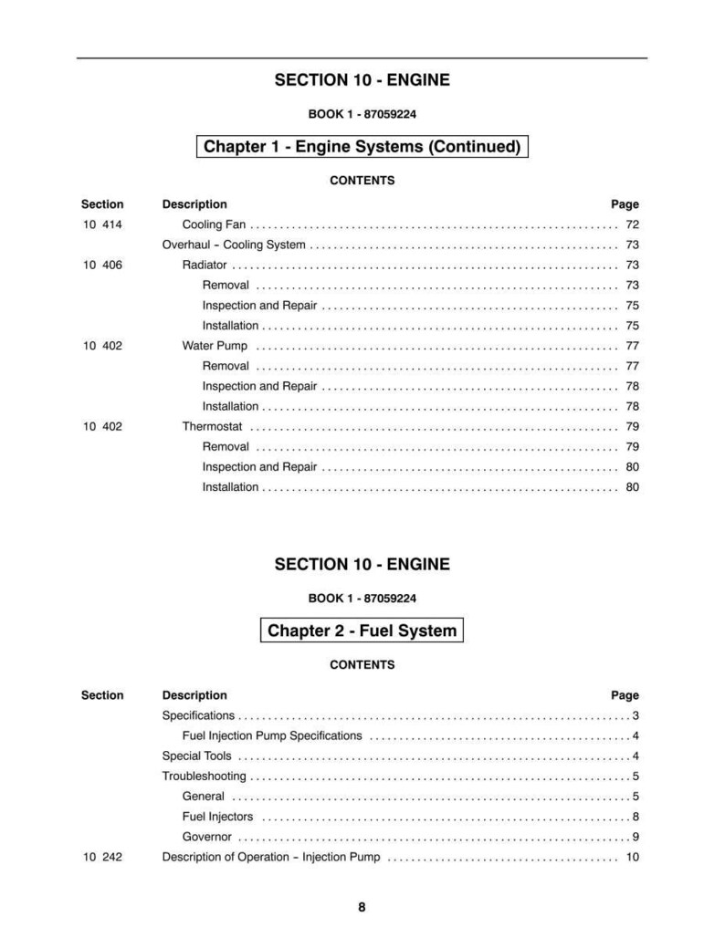 May include: A page from a manual titled "SECTION 10 - ENGINE" with a table of contents for engine systems and fuel systems. The text includes section numbers, descriptions, and page numbers. The book's number is 87059224.