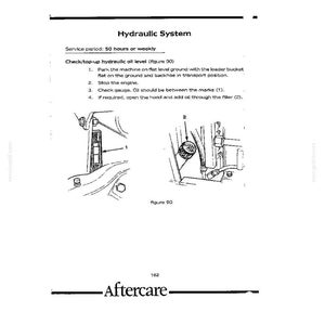 May include: A technical manual page titled Hydraulic System, detailing maintenance instructions for checking and topping up hydraulic oil. It includes numbered steps, a service period of 50 hours or weekly, and two line drawings labeled figure 90.