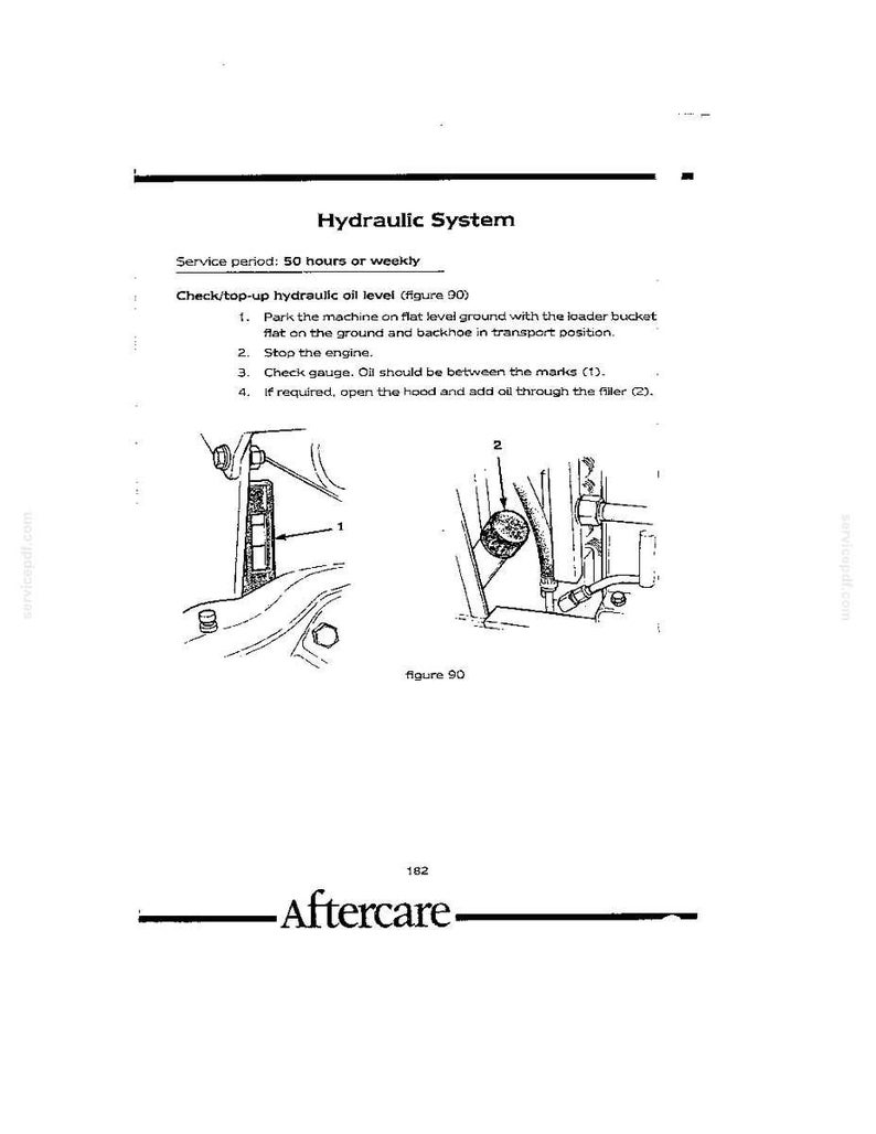 May include: A technical manual page titled Hydraulic System, detailing maintenance instructions for checking and topping up hydraulic oil. It includes numbered steps, a service period of 50 hours or weekly, and two line drawings labeled figure 90.