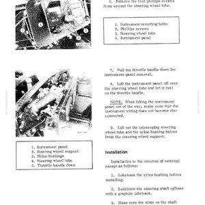 May include: A black and white diagram with instructions for removing and installing parts of a vehicle's instrument panel. The diagram includes numbered steps and labels for various components like bolts, screws, and the steering wheel tube.