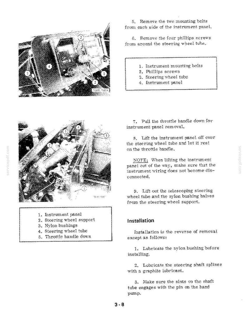May include: A black and white diagram with instructions for removing and installing parts of a vehicle's instrument panel. The diagram includes numbered steps and labels for various components like bolts, screws, and the steering wheel tube.