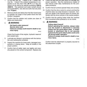 May include: A technical document page titled 4 - OPERATING INSTRUCTIONS featuring a pre-start checklist for machinery. It includes twelve numbered points regarding fuel, fluid levels, safety signs, seat belts, controls, and a warning about falling objects.