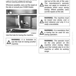May include: Page from an operating manual with the title "Towing the Machine." The page includes warnings and instructions about towing, with an image of a machine part and a hole for towing. Text includes safety precautions.