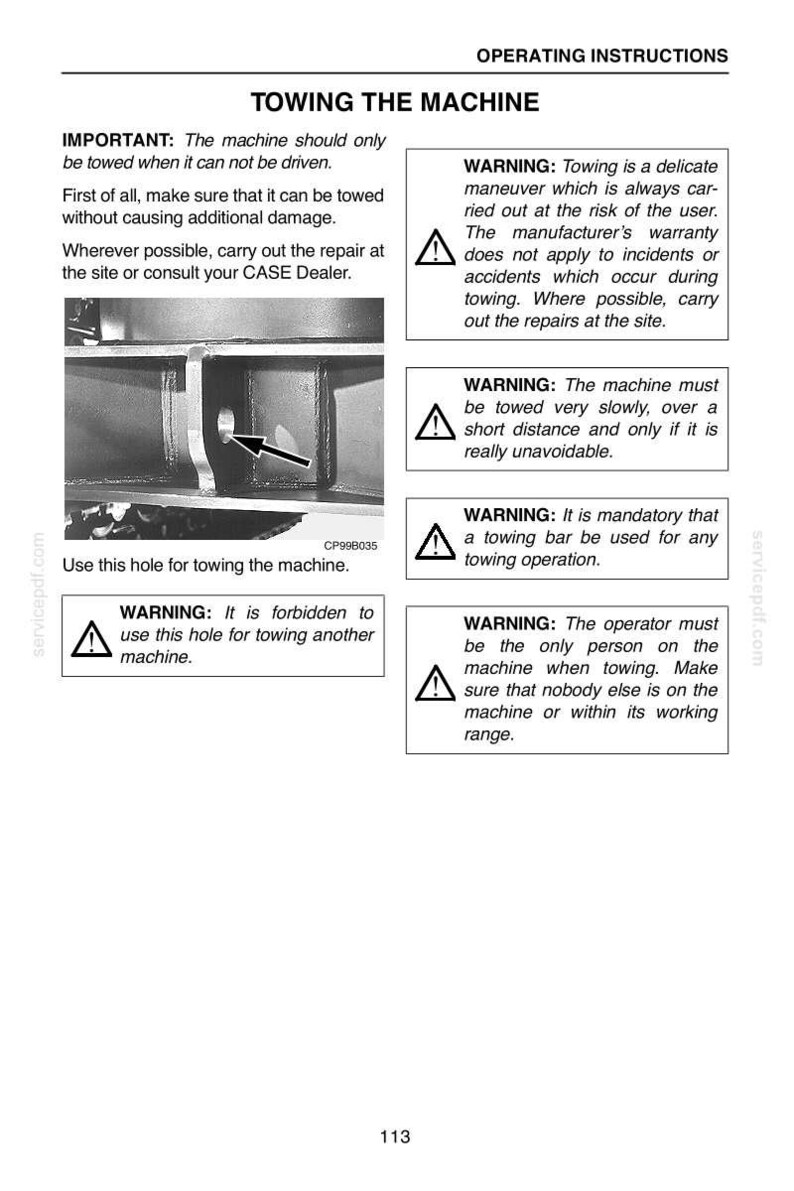 May include: Page from an operating manual with the title "Towing the Machine." The page includes warnings and instructions about towing, with an image of a machine part and a hole for towing. Text includes safety precautions.