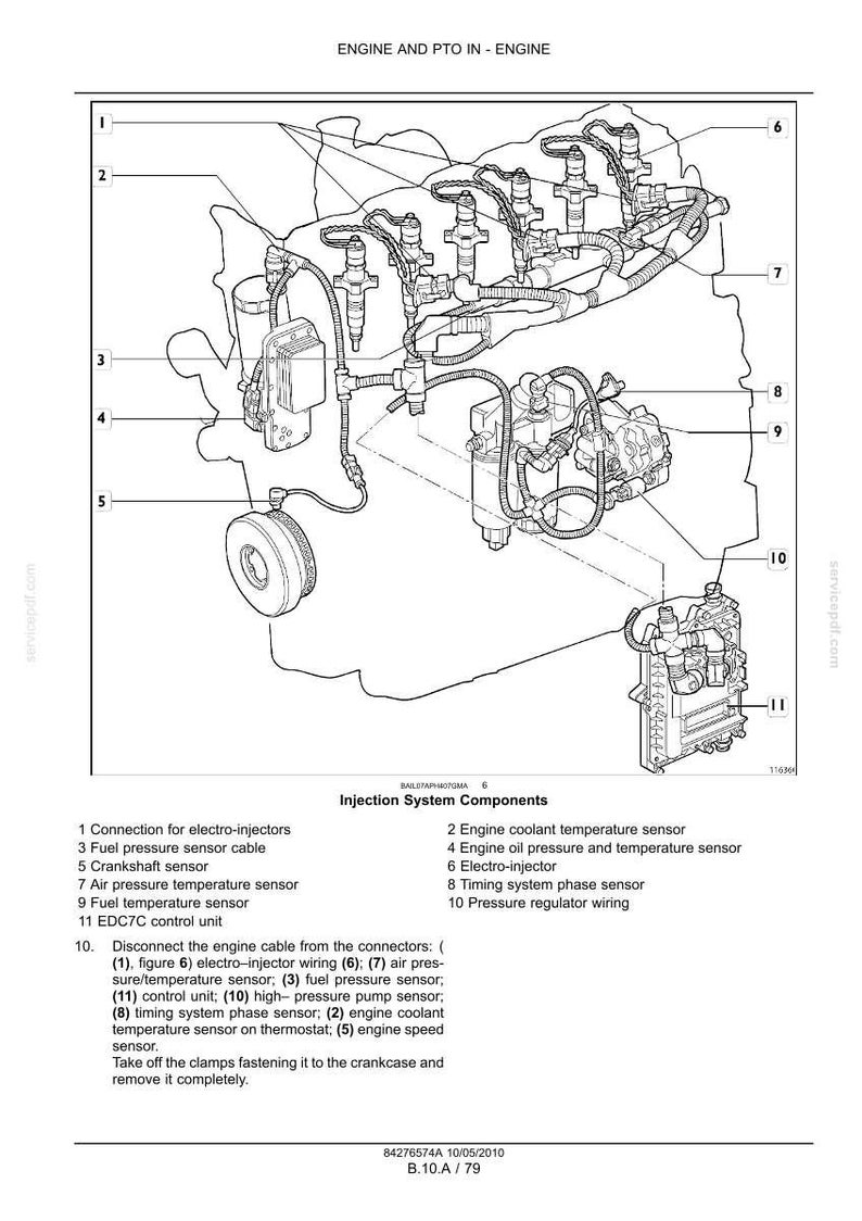 K&ouml;nnte beinhalten: Eine technische Strichzeichnung eines Motor-Einspritzsystems mit nummerierten Komponenten. Das Diagramm beschriftet Teile wie Elektro-Injektoren, Sensoren f&uuml;r Kraftstoff, &Ouml;l, Luft und Temperatur sowie das EDC7C-Steuerger&auml;t, mit Anweisungen darunter.