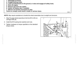 May include: A technical diagram detailing the installation of gage wheels on carrying and transport wheels. The instructions include safety warnings and numbered steps. An illustration shows the wheel assembly with key components highlighted.