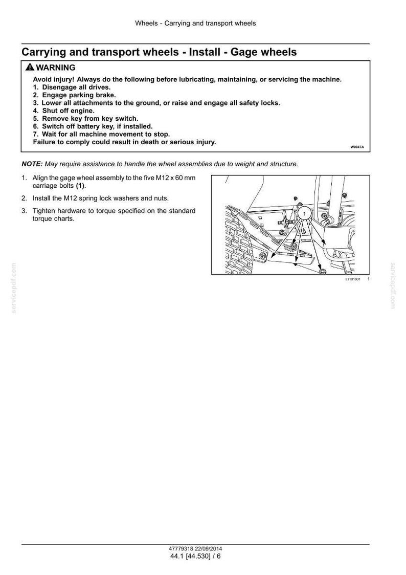 May include: A technical diagram detailing the installation of gage wheels on carrying and transport wheels. The instructions include safety warnings and numbered steps. An illustration shows the wheel assembly with key components highlighted.