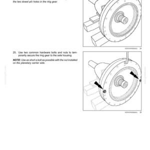 May include: Diagram of a rear axle system with planetary and final drives. The image shows detailed illustrations of mechanical components, including ring gears, bolts, and nuts, with arrows indicating assembly points. Text provides instructions for installation.