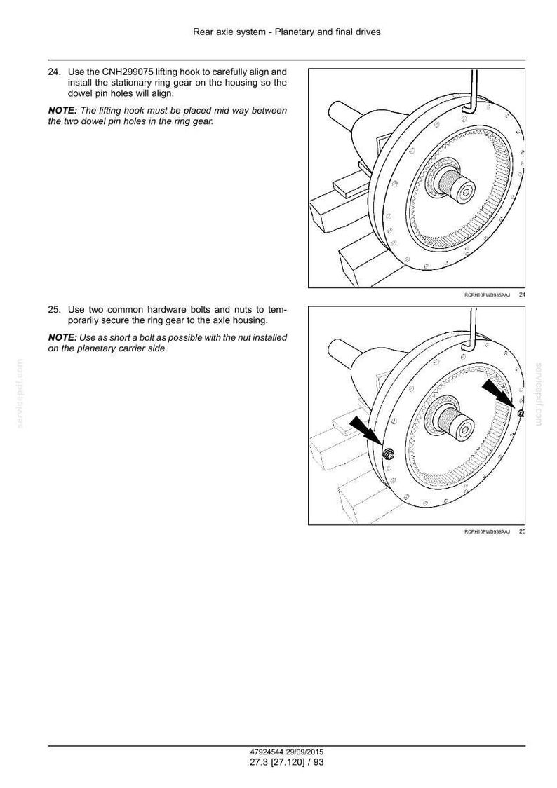 May include: Diagram of a rear axle system with planetary and final drives. The image shows detailed illustrations of mechanical components, including ring gears, bolts, and nuts, with arrows indicating assembly points. Text provides instructions for installation.