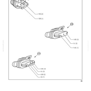 May include: Diagram of electrical connectors with labels. The image shows three different connector designs, each with multiple pins and labeled with alphanumeric codes. The connectors are depicted in a technical drawing style, with lines and arrows indicating connections.