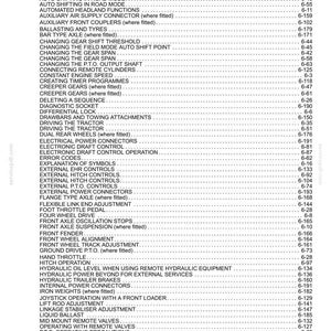 May include: A black and white technical document page featuring a detailed index of tractor operations and mechanical functions, including headings like Auto P.T.O. Operation, Ballasting and Tyres, and Hydraulic Trailer Brakes with page numbers.