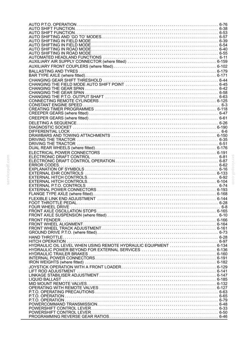 May include: A black and white technical document page featuring a detailed index of tractor operations and mechanical functions, including headings like Auto P.T.O. Operation, Ballasting and Tyres, and Hydraulic Trailer Brakes with page numbers.