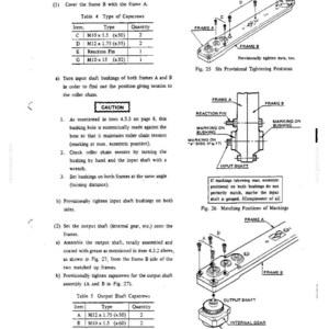 K&ouml;nnte beinhalten: Eine Seite aus einem technischen Handbuch mit dem Titel 4.3.5 Assembling Frames A and B, die Diagramme mit der Bezeichnung Fig. 25, Fig. 26 und Fig. 27 enth&auml;lt. Der Text enth&auml;lt Anweisungen zum Ausrichten von Rahmen, Wellenbuchsen und Abtriebswellen.