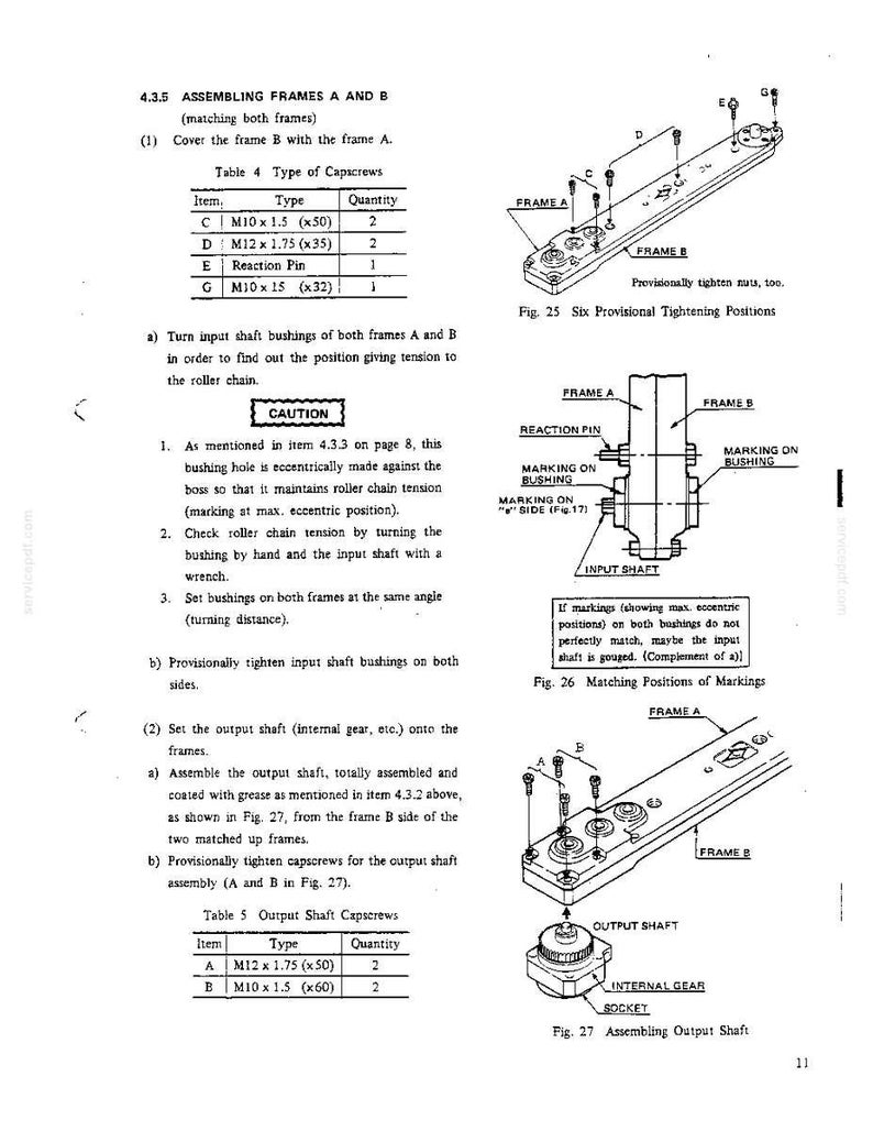 K&ouml;nnte beinhalten: Eine Seite aus einem technischen Handbuch mit dem Titel 4.3.5 Assembling Frames A and B, die Diagramme mit der Bezeichnung Fig. 25, Fig. 26 und Fig. 27 enth&auml;lt. Der Text enth&auml;lt Anweisungen zum Ausrichten von Rahmen, Wellenbuchsen und Abtriebswellen.