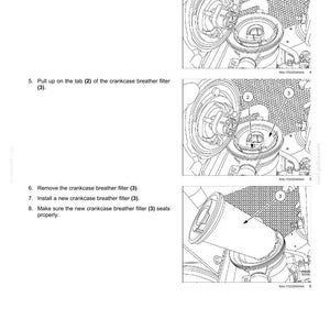 May include: Diagram illustrating the engine lubrication system, detailing the removal and installation of a crankcase breather filter. The steps are numbered and include close-up views of the engine components.