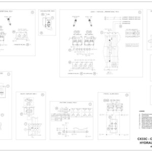 May include: A detailed black and white hydraulic schematic for a CX33C - CX37C excavator. The diagram includes various components and their connections, with labels and annotations. The document is labeled "HYDRAULIC SCHEMATIC" and includes a legend.