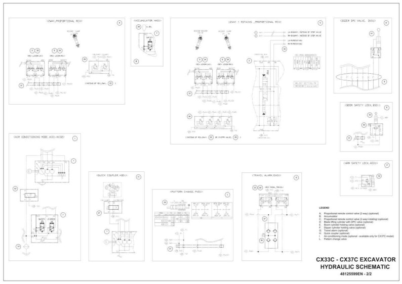 May include: A detailed black and white hydraulic schematic for a CX33C - CX37C excavator. The diagram includes various components and their connections, with labels and annotations. The document is labeled "HYDRAULIC SCHEMATIC" and includes a legend.