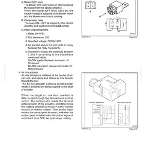 May include: A technical document page titled Chapter 5 - Air Conditioning System, featuring diagrams of a four-electrode relay with terminal numbering and a motor actuator with a control amplifier circuit diagram, including descriptive text.