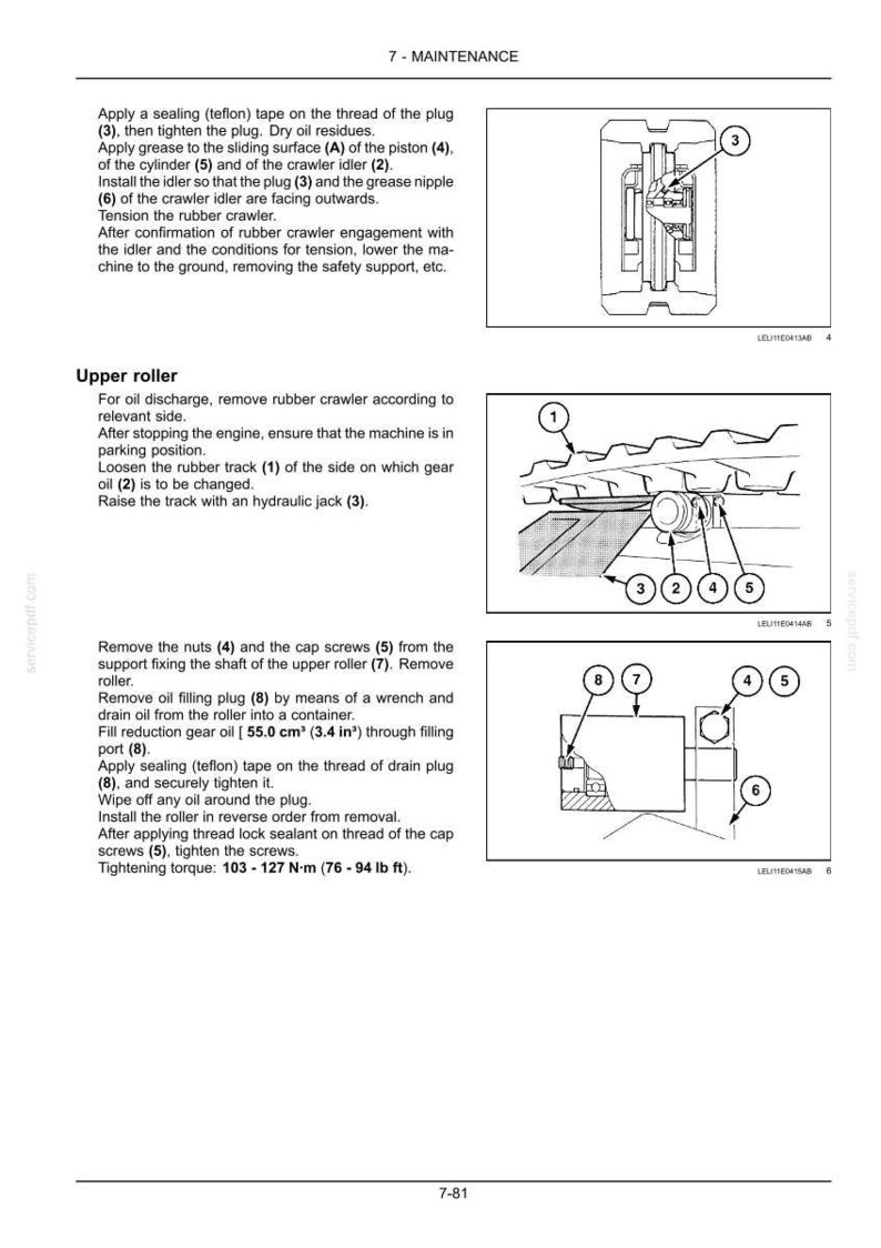 Puede incluir: Diagramas e instrucciones para el mantenimiento de componentes de maquinaria, incluido el rodillo superior. La imagen muestra ilustraciones detalladas de piezas como tapones, tornillos y rodillos, con medidas en cm y Newton-metros.