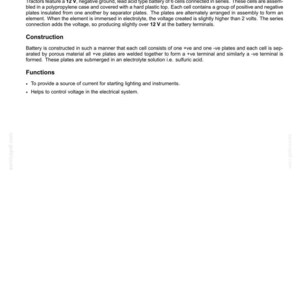 May include: A document titled "Battery - Overview" detailing the operation, construction, and functions of a 12V lead acid battery. The text describes the battery's components, including cells, plates, and electrolyte, and its role in providing power.