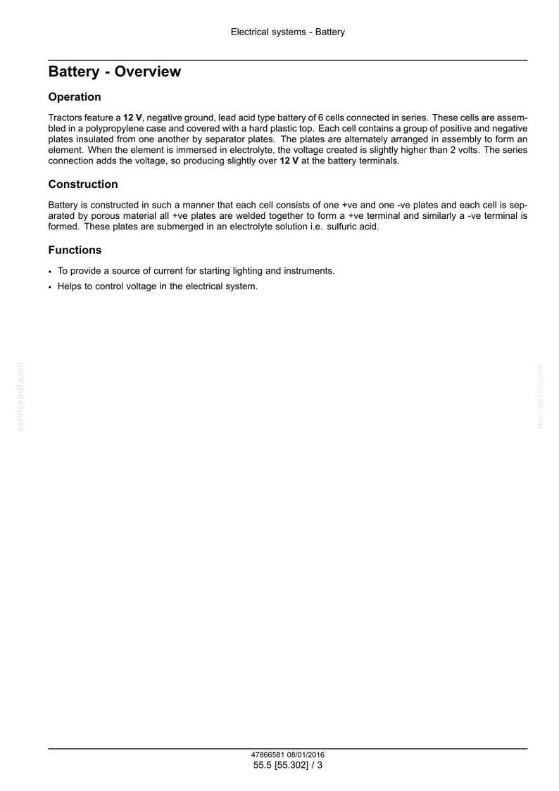 May include: A document titled "Battery - Overview" detailing the operation, construction, and functions of a 12V lead acid battery. The text describes the battery's components, including cells, plates, and electrolyte, and its role in providing power.