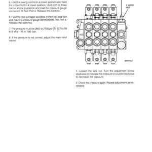 May include: Diagram of a hydraulic system adjustment procedure. The image includes a detailed illustration of the system's components, labeled with adjustment points and instructions. Text provides steps for pressure checks and adjustments, with measurements in psi and kPa.