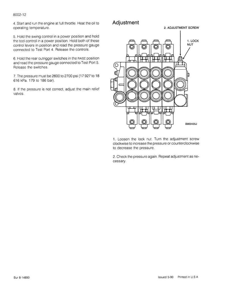 May include: Diagram of a hydraulic system adjustment procedure. The image includes a detailed illustration of the system's components, labeled with adjustment points and instructions. Text provides steps for pressure checks and adjustments, with measurements in psi and kPa.