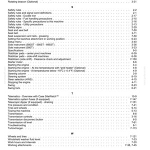 May include: A detailed page from a manual, featuring a table of contents with various topics and page numbers. The text includes safety rules, engine operation, and maintenance procedures. The document is in black and white.