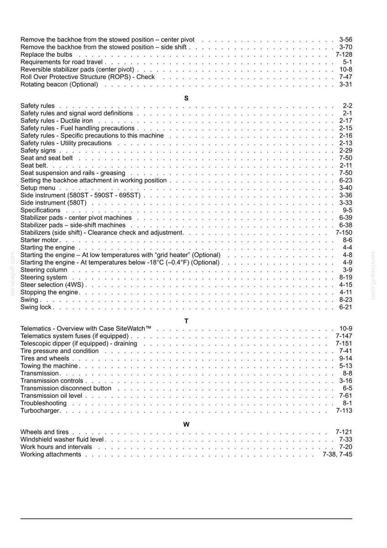 May include: A detailed page from a manual, featuring a table of contents with various topics and page numbers. The text includes safety rules, engine operation, and maintenance procedures. The document is in black and white.