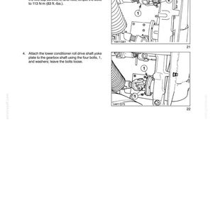 May include: A technical manual page titled SECTION 58 - ATTACHMENTS/HEADERS - CHAPTER 5. It features two black and white line drawings showing mechanical assembly steps for a drive shaft, gearbox, and yoke plate, labeled with numbers 1 and 2.