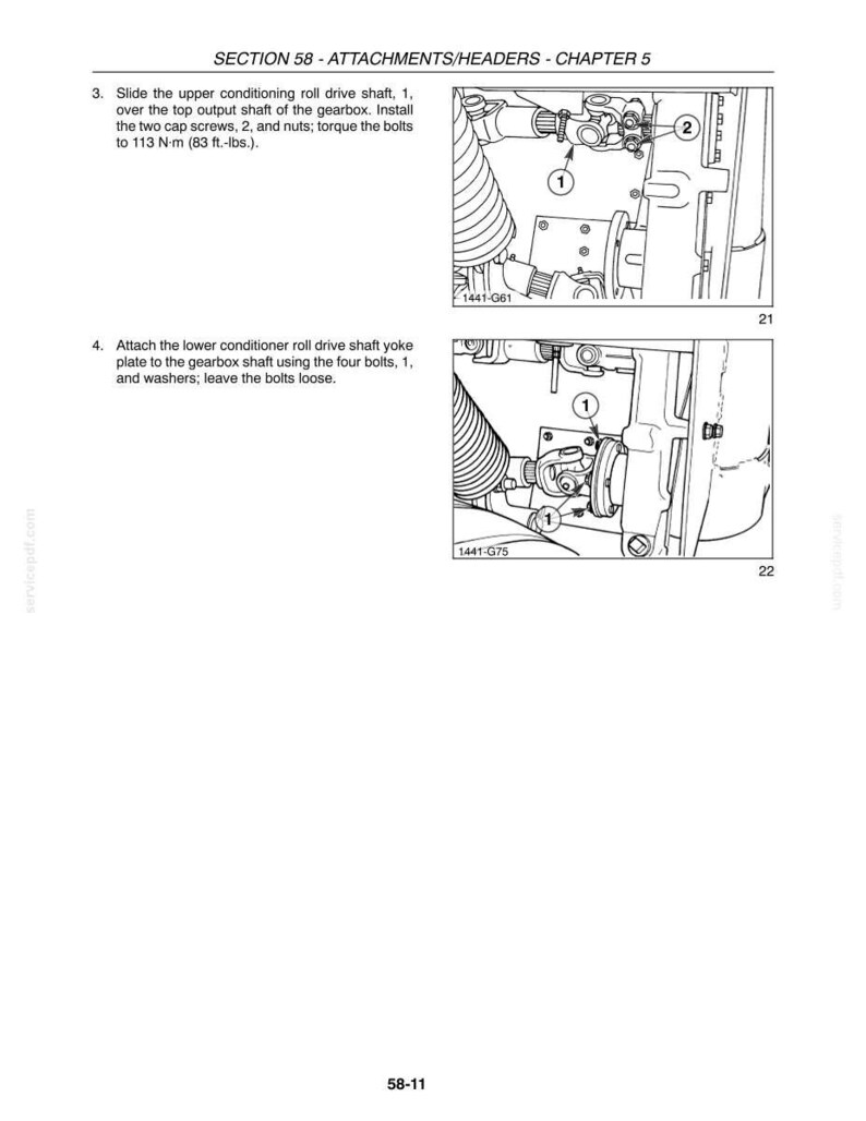 May include: A technical manual page titled SECTION 58 - ATTACHMENTS/HEADERS - CHAPTER 5. It features two black and white line drawings showing mechanical assembly steps for a drive shaft, gearbox, and yoke plate, labeled with numbers 1 and 2.
