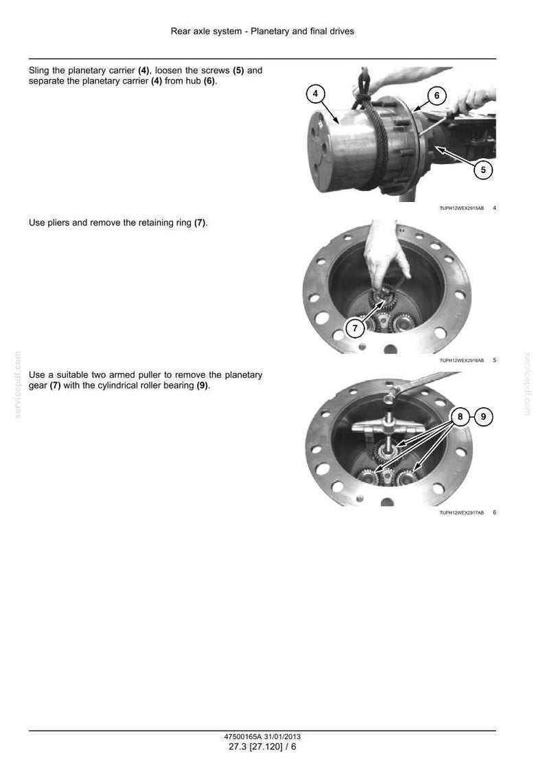 May include: Diagram of a rear axle system with planetary and final drives. The image shows the steps to disassemble the system, including removing the planetary carrier, screws, retaining ring, and planetary gear with a cylindrical roller bearing.