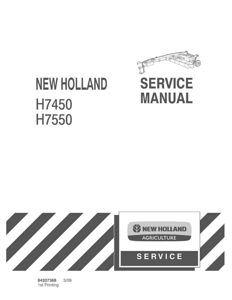 May include: A white service manual cover with the text "NEW HOLLAND H7450 H7550" and "SERVICE MANUAL" in black. A black and white illustration of a piece of machinery is in the upper right corner. The New Holland Agriculture logo is in the lower right.