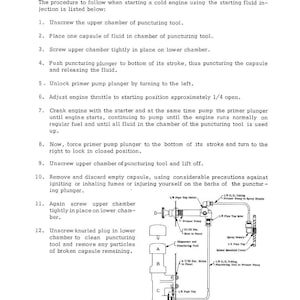 May include: Diagram of cold weather starting equipment with labeled parts and a step-by-step procedure for use. The diagram includes a primer pump, spray nozzle, and other components. Text explains the process of starting a cold engine.