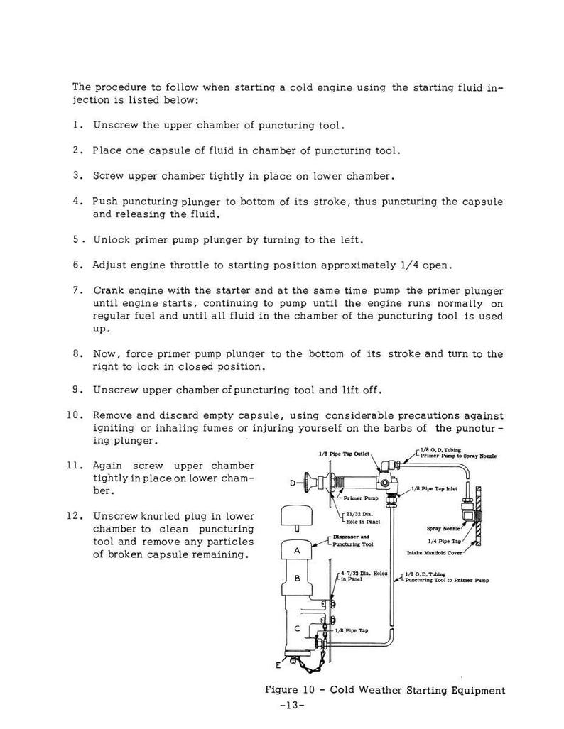 May include: Diagram of cold weather starting equipment with labeled parts and a step-by-step procedure for use. The diagram includes a primer pump, spray nozzle, and other components. Text explains the process of starting a cold engine.