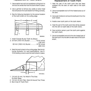 May include: Diagram illustrating the replacement of bucket teeth for dirt buckets. Instructions detail removing welds, grinding, and installing new tooth points. Measurements are provided in inches and millimeters for bucket sizes.