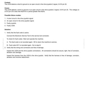 May include: A document titled "Electrical systems - FAULT CODES" details fault code 4511, related to a drive joystick. The text explains possible failure modes and solutions, including checking wiring and connectors. The document is white with black text.