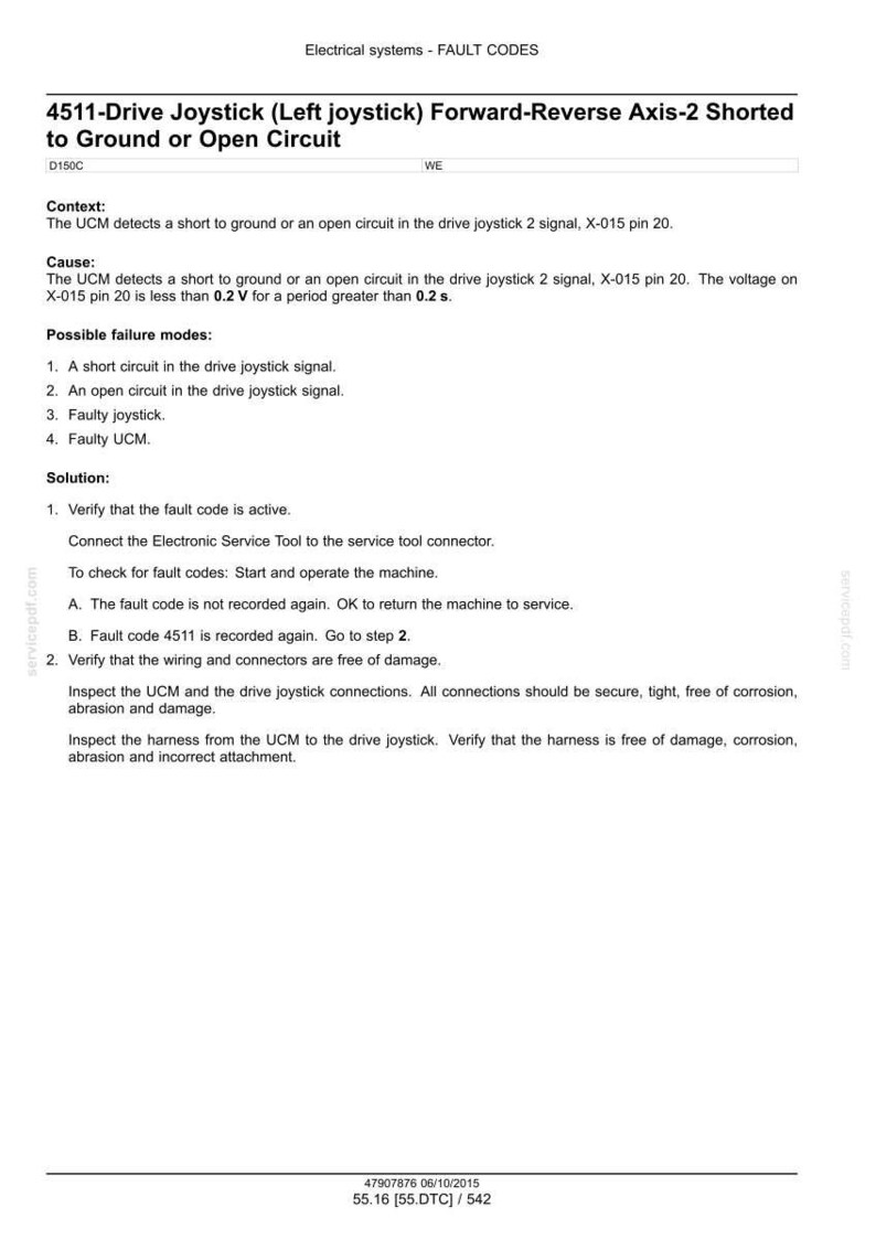 May include: A document titled "Electrical systems - FAULT CODES" details fault code 4511, related to a drive joystick. The text explains possible failure modes and solutions, including checking wiring and connectors. The document is white with black text.