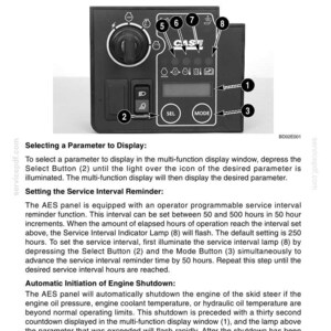 May include: Black instrument panel with the text "RIGHT HAND INSTRUMENT PANEL". Features buttons, a display screen, and indicator lights. Includes the "CASE" logo. Designed for machines with an Automatic Engine Shutdown System.