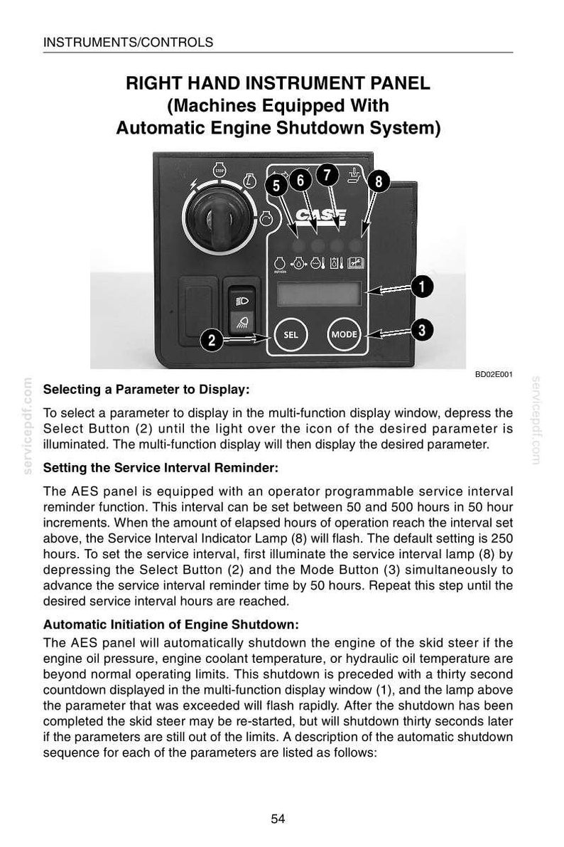 May include: Black instrument panel with the text "RIGHT HAND INSTRUMENT PANEL". Features buttons, a display screen, and indicator lights. Includes the "CASE" logo. Designed for machines with an Automatic Engine Shutdown System.